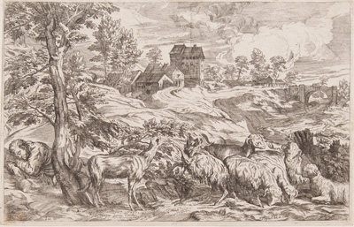 Titian etching from 1682 Shepherd asleep under tree